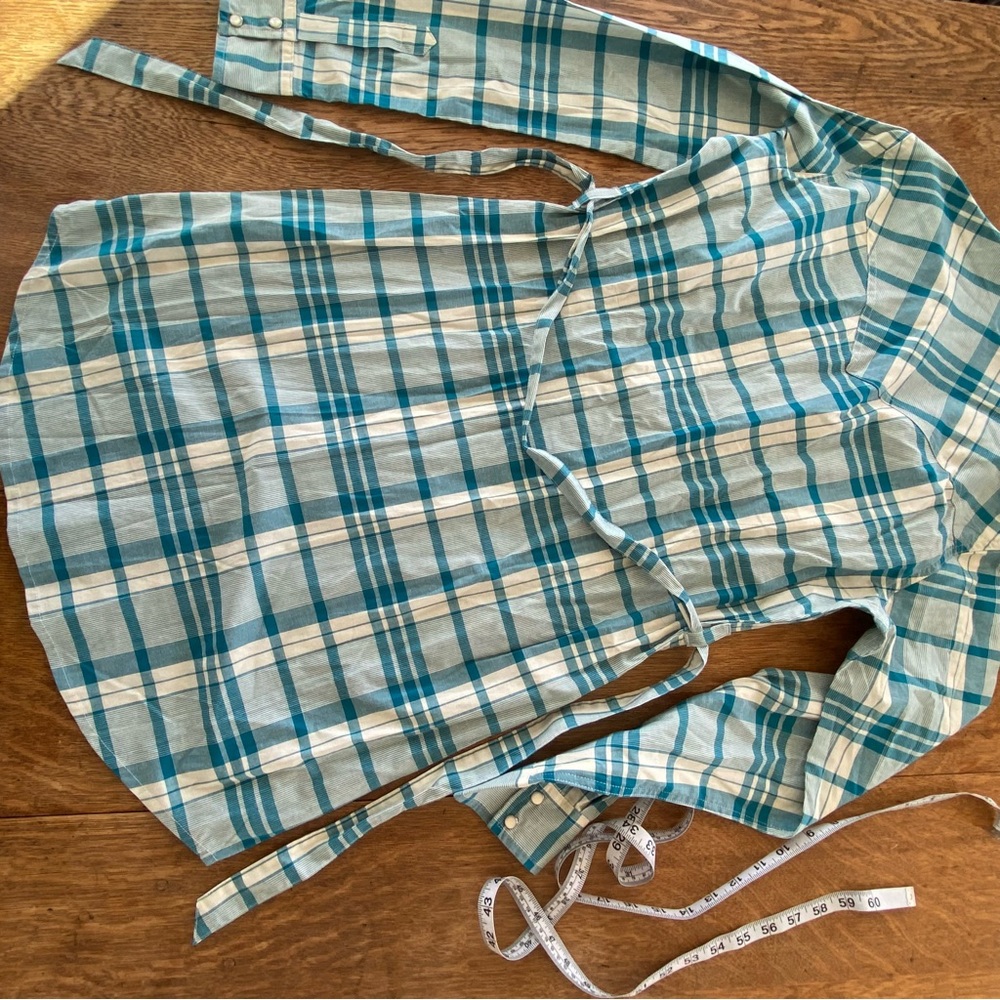 New Wrangler Teal and White Plaid Long Sleeve Dress Snap Buttons - Picture 11 of 12